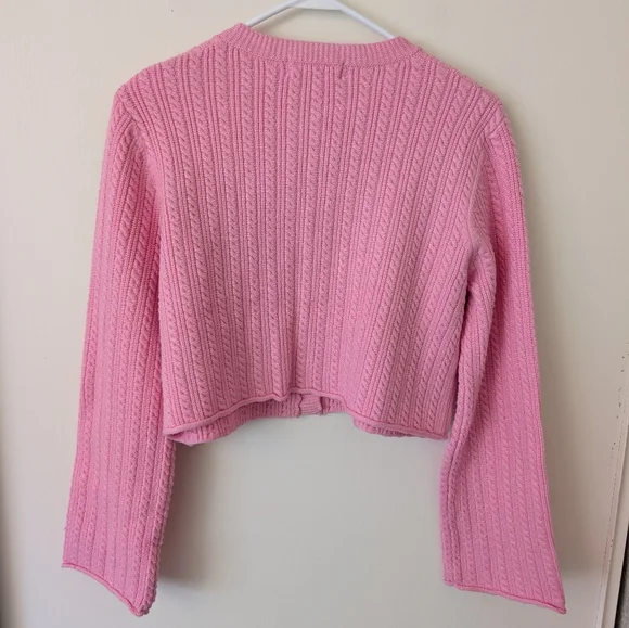Carly Jean Womens Small Cable Knit Cardigan Sweater Pink Coquette Cottage Preppy - Picture 5 of 7